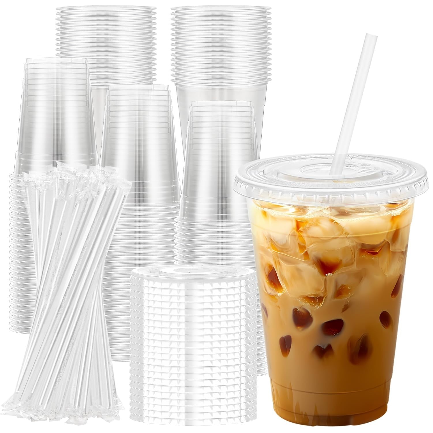 100 Pack 16 oz Clear Plastic Cups with Lids & Straws | Disposable Cold Drink Cup1