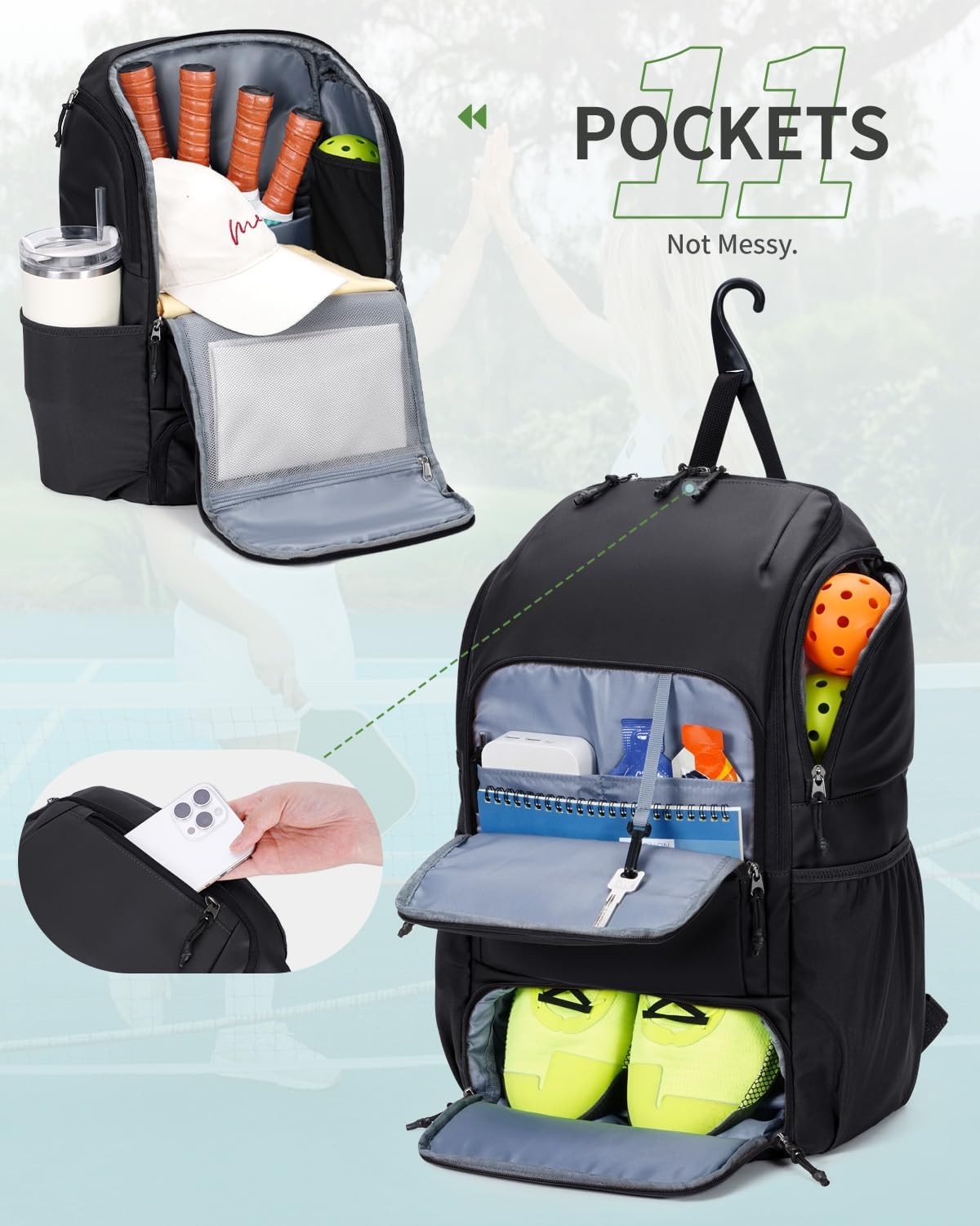 Waterproof Pickleball Bag with Shoe Compartment & Fence Hook | 30L, 2 Pockets, A21