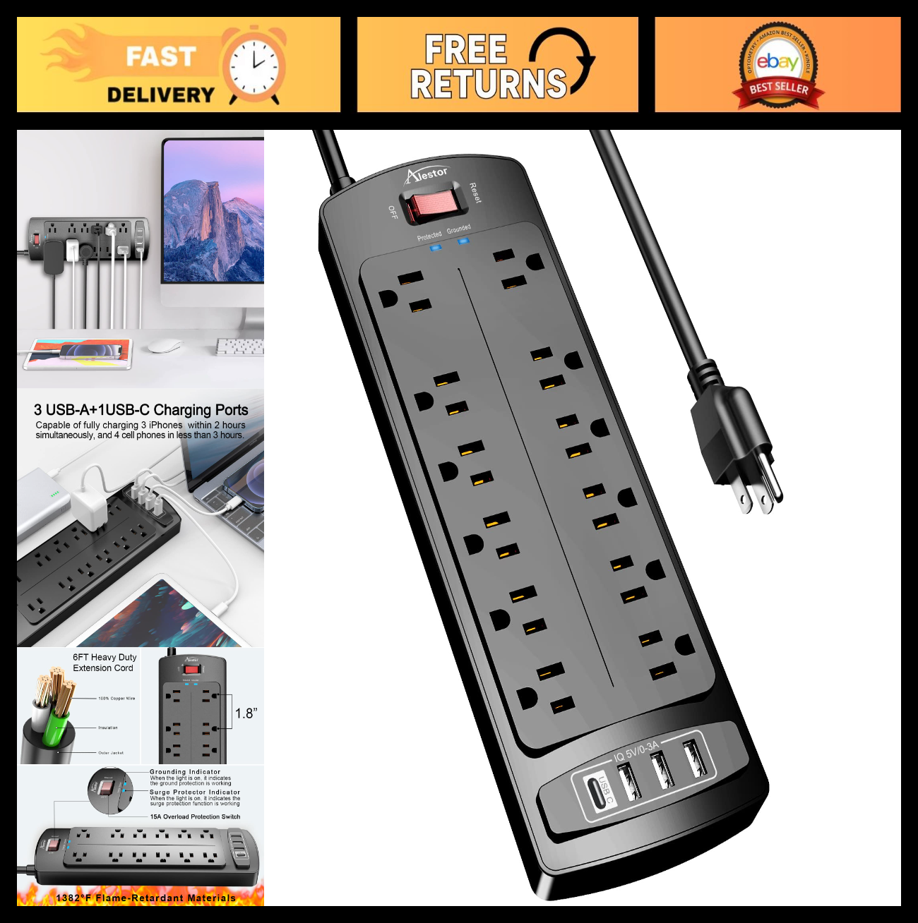 Surge Protector Power Strip with 12 Outlets, 4 USB Ports & 6ft Cord, 2700 Joules0