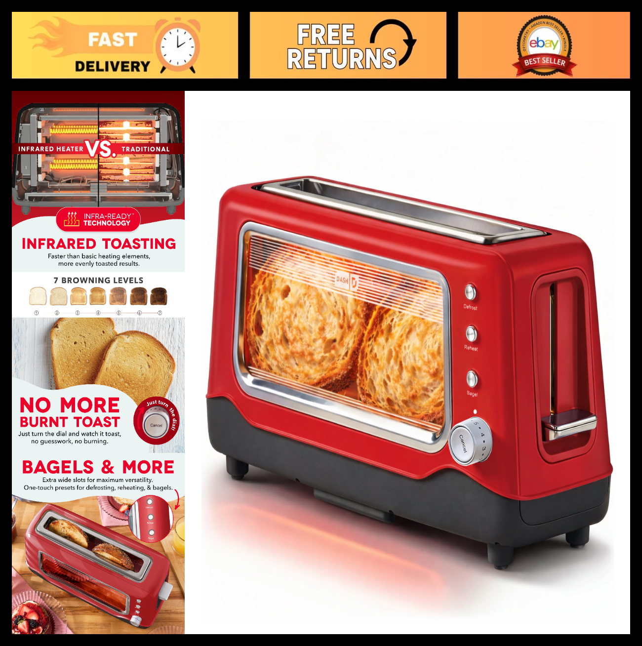Clear View Toaster 2 Slice with Long Slot, See-Through Window, 7 Browning Levels0