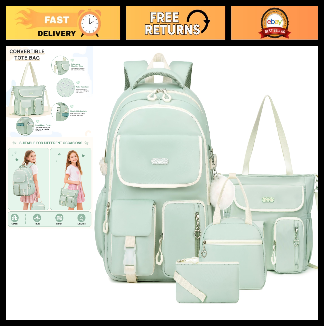 4PCS Girls Backpacks Set with Tote Bag, Lunch Box & Pencil Pouch   School Suppli0