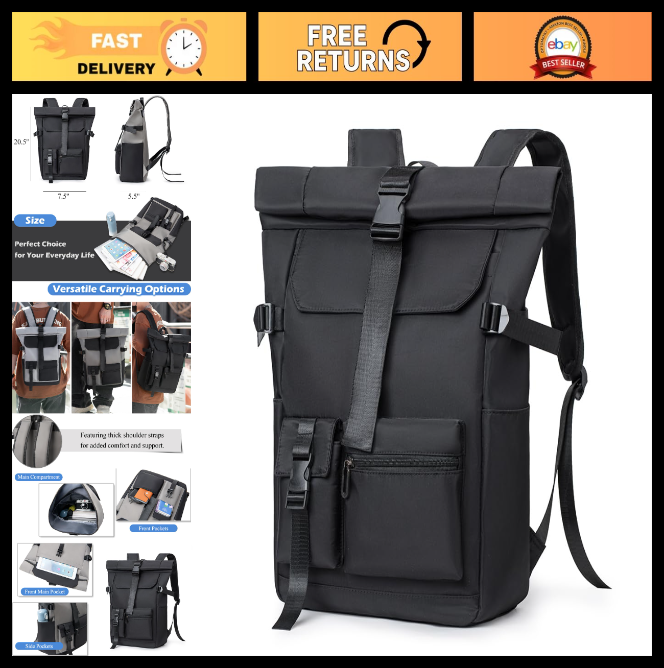 Lightweight Roll Top Travel Backpack, Versatile Daily Work Bag, Multiple Pockets0