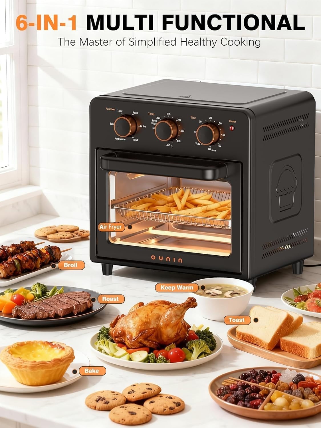 Compact 12QT Air Fryer Toaster Oven - 6-in-1 Multi-Cooker, Stainless Steel, Fast3