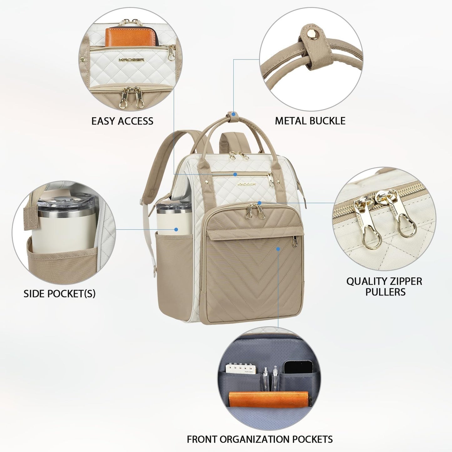 Stylish 17" Water-Repellent Laptop Backpack for College, Travel, Work - Beige/Ka5