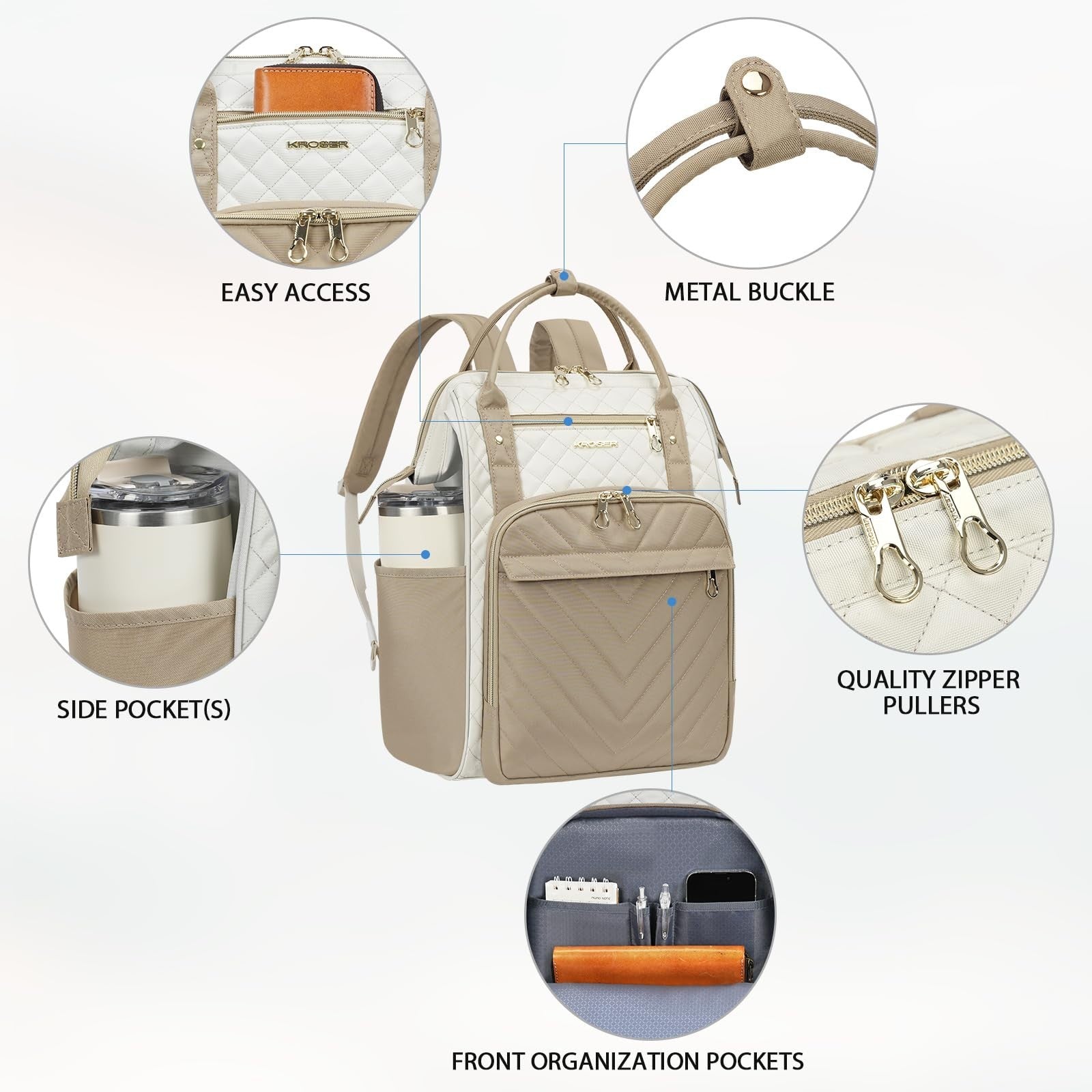 Stylish 17" Water-Repellent Laptop Backpack for College, Travel, Work - Beige/Ka5