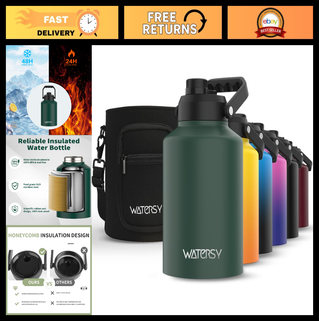 Insulated 1 Gallon Water Bottle - 48H Cold, BPA Free, Leak Proof, 128oz Jug for0
