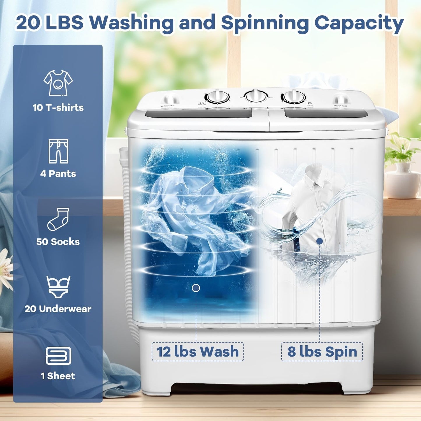 Portable Washing Machine 20lbs Twin Tub Washer & Spinner Combo Mini Compact for3