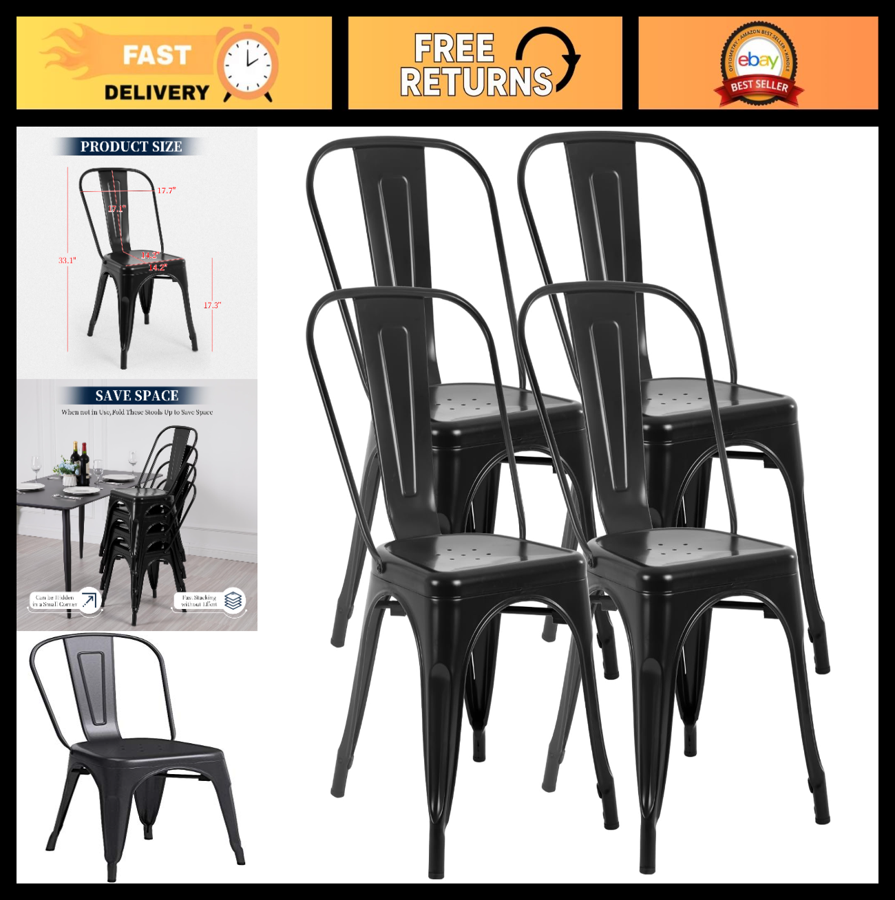 Set of 4 Metal Dining Chairs   Black, Stackable Tolix Style, 330lbs Capacity, In0