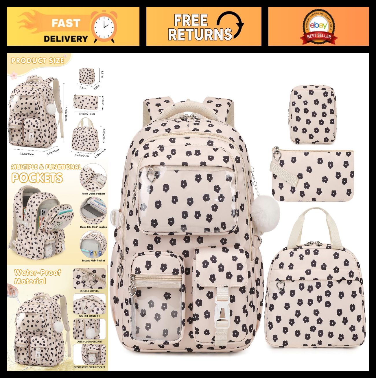 4PCS Girls Backpack Set with Lunch Box & Pencil Case   Stylish School Bag for Ki0