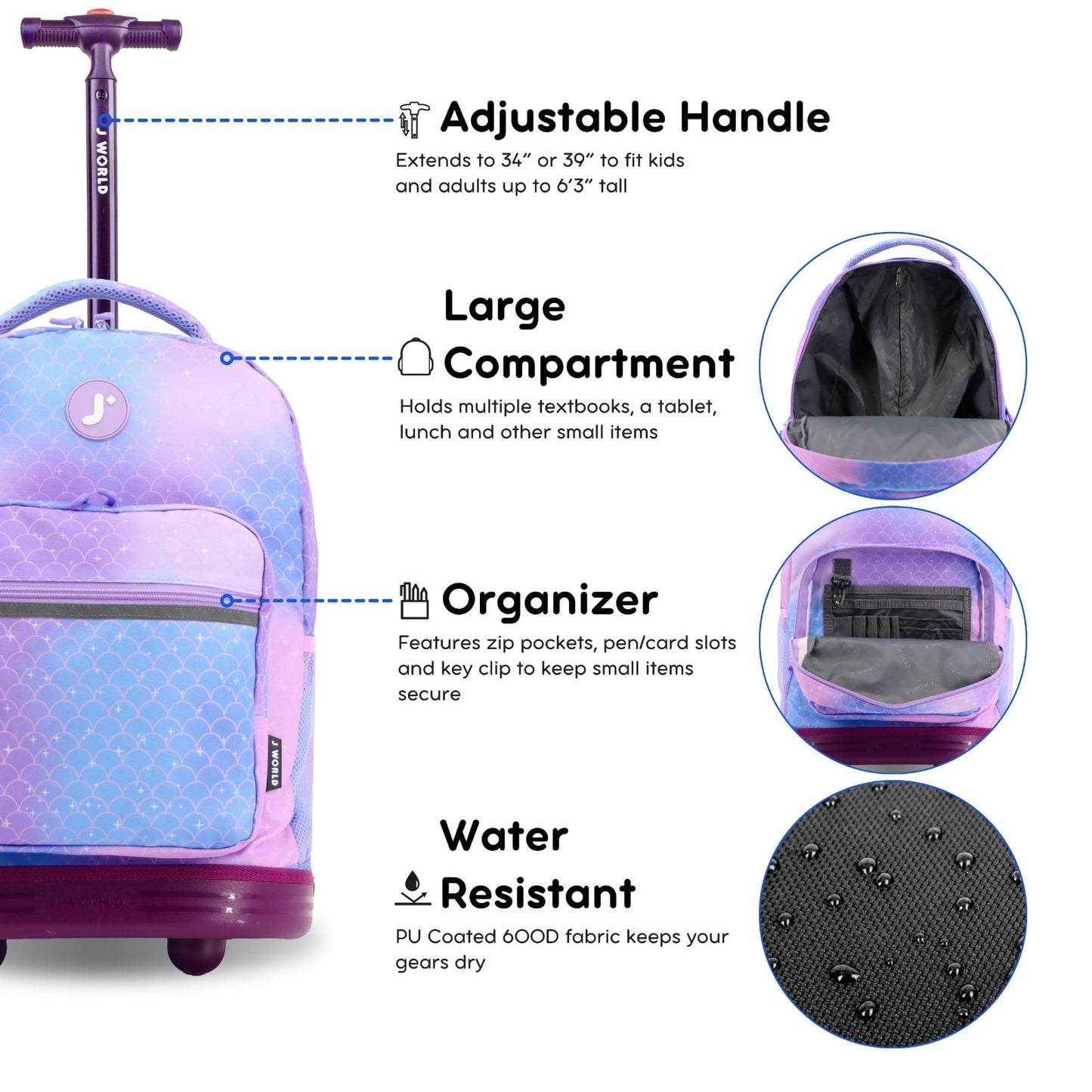 Kids Rolling Backpack with Wheels, 18" Purple Mermaid Bookbag for School, Girls4