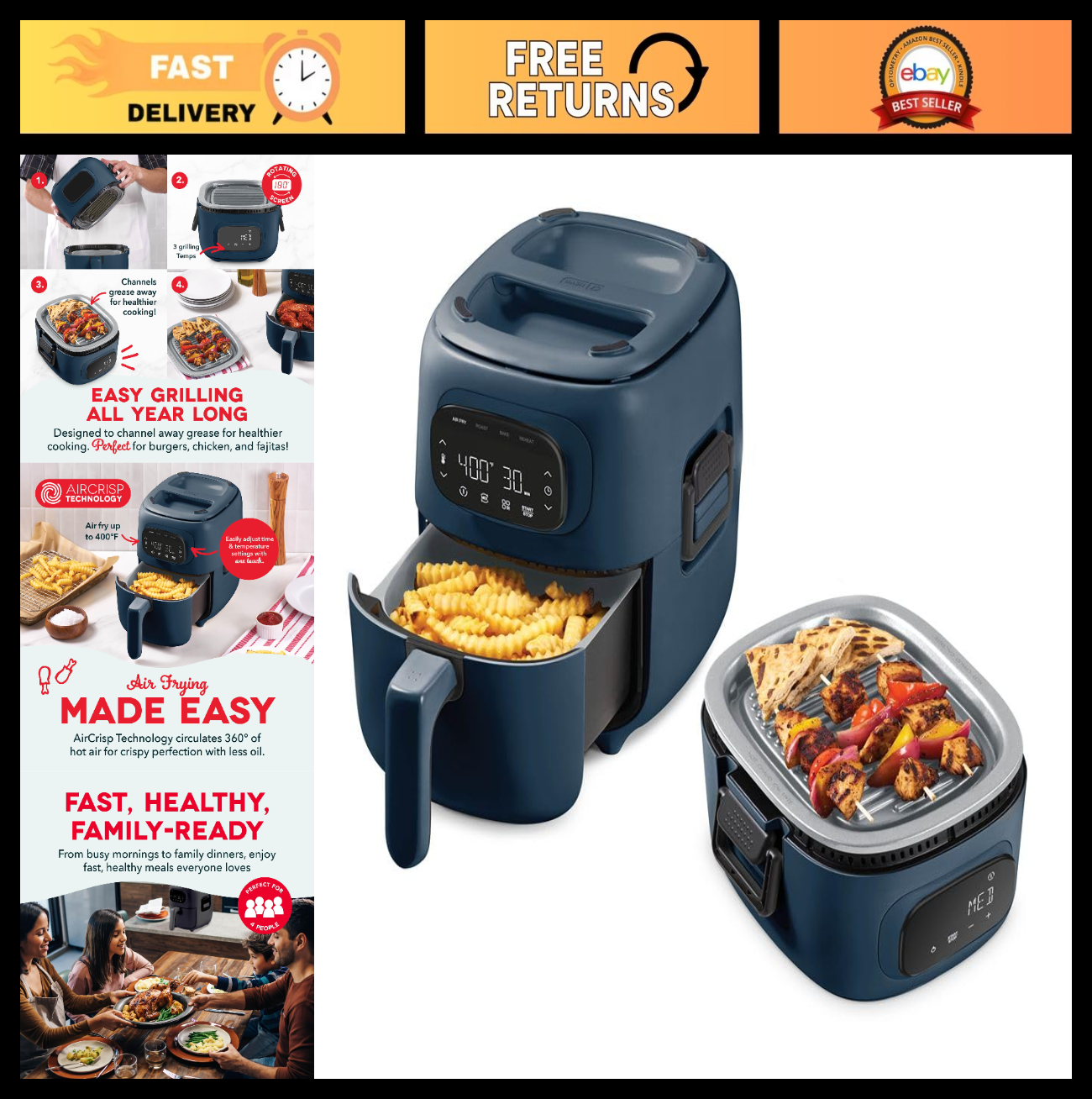 Digital 2-in-1 Air Fryer & Grill - Touchscreen, Nonstick Plate, Dehydrate Functi0