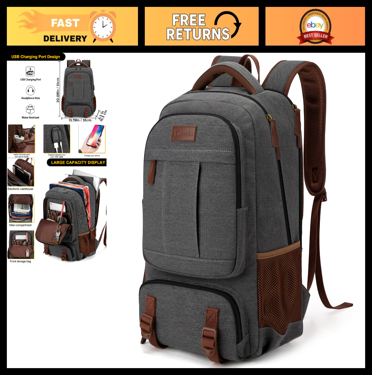 Large Capacity Canvas Laptop Backpack for Men & Women, Fits 17.3" Laptop, Travel0
