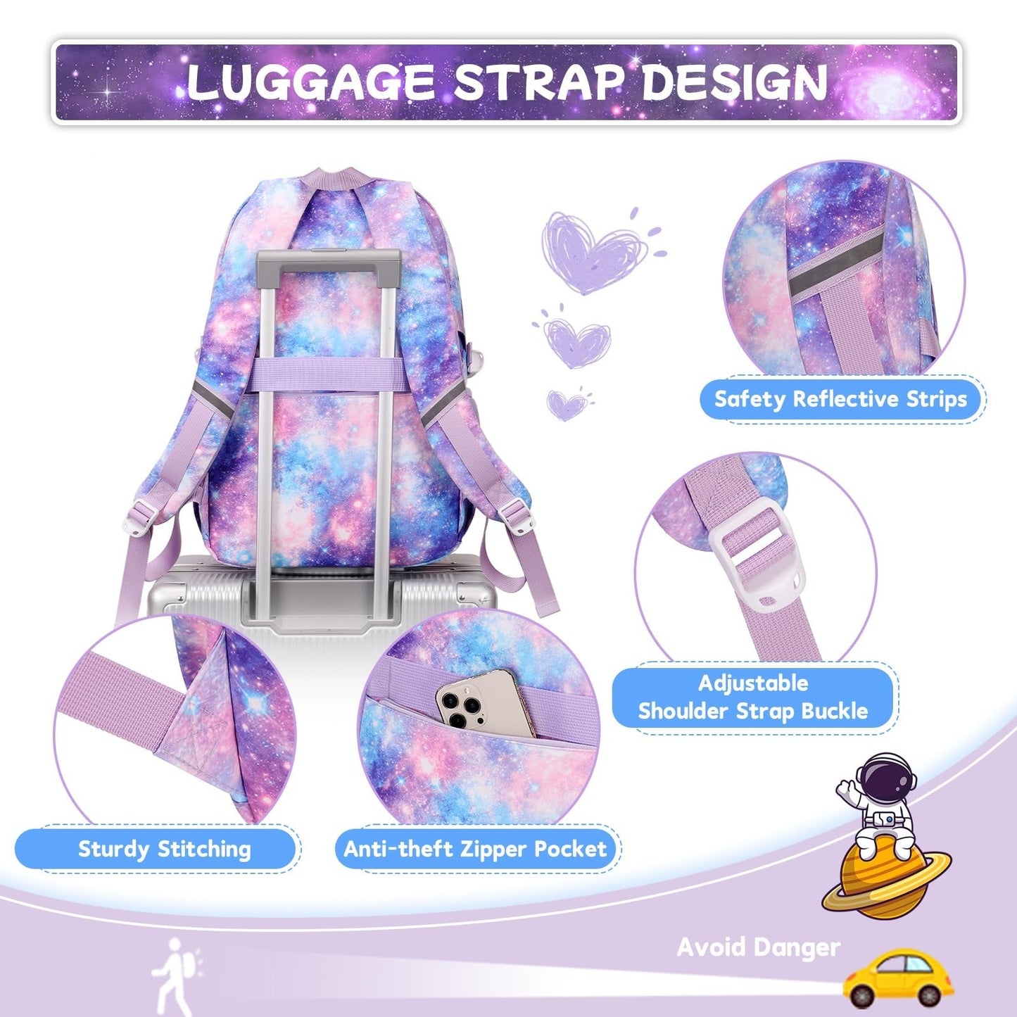 Kawaii 3pcs Kids Backpack Set with Lunch Box - Girls Book Bag for School, Galaxy14