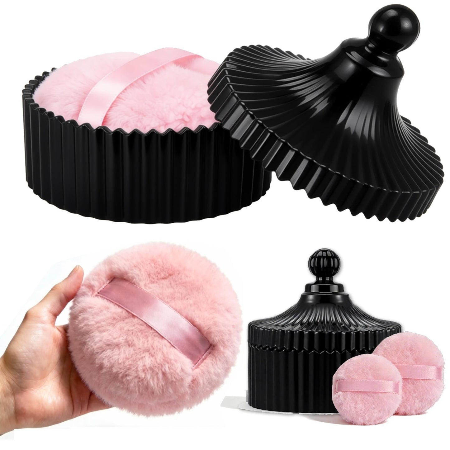 Large Glass Dusting Powder Jar Set 3Pcs with Soft Puffs - Reusable Makeup Gift1