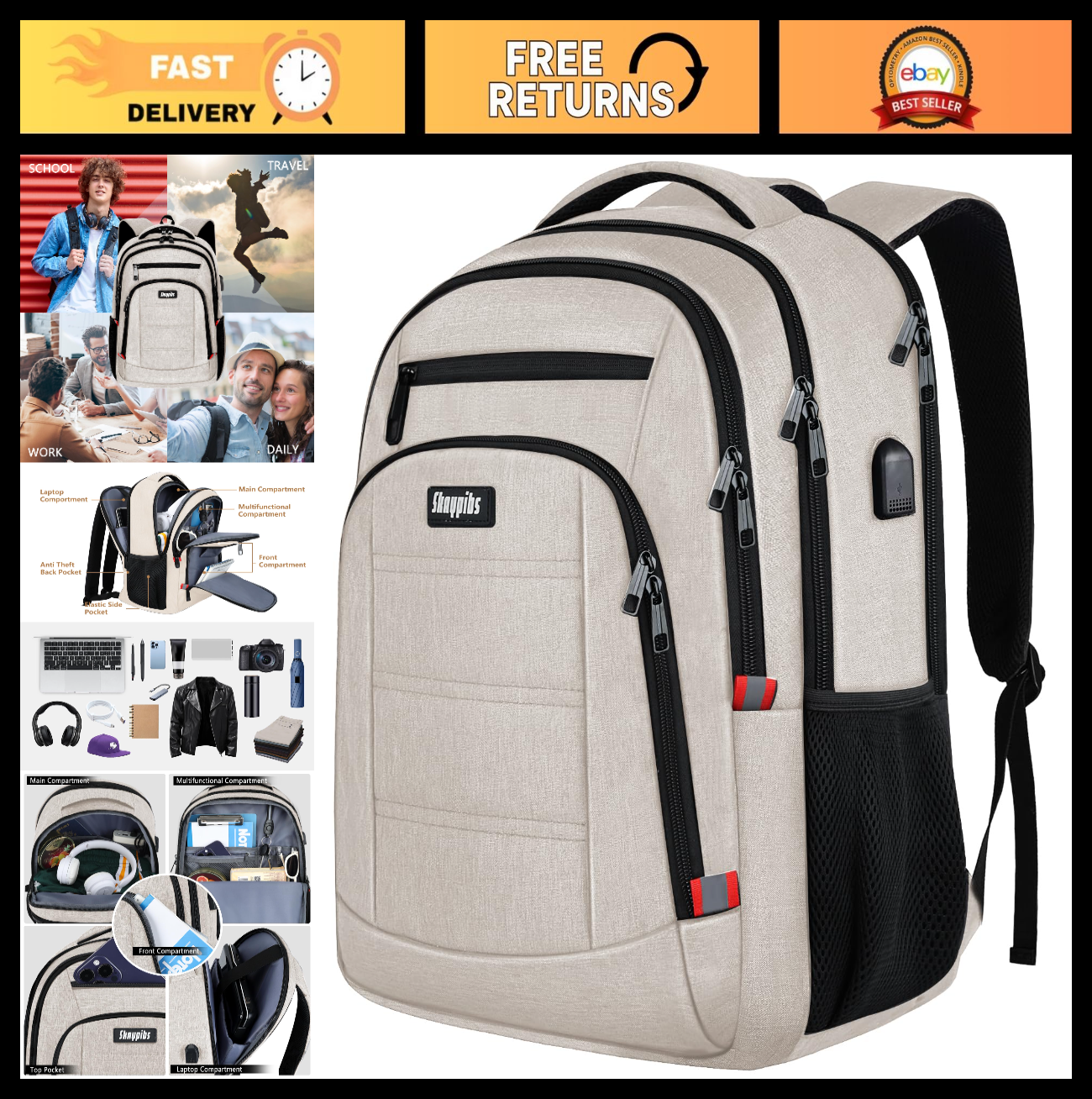 Travel Laptop Backpack for Women   USB Charging, Water Resistant, Fits 15.6"   B0