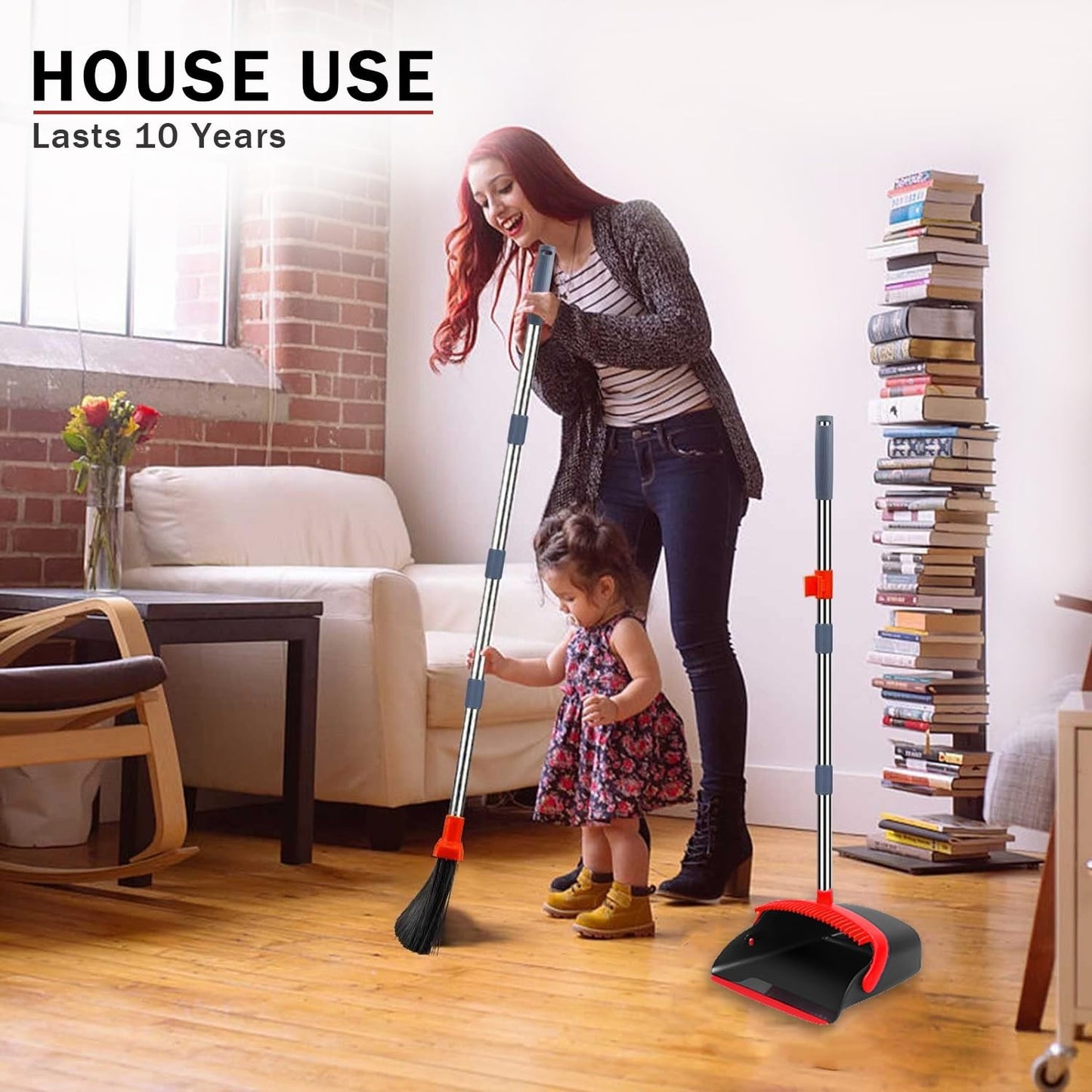 2-Pack Broom & Dustpan Set - 52" Long Handle, Self-Cleaning Teeth, Indoor/Outdoo3