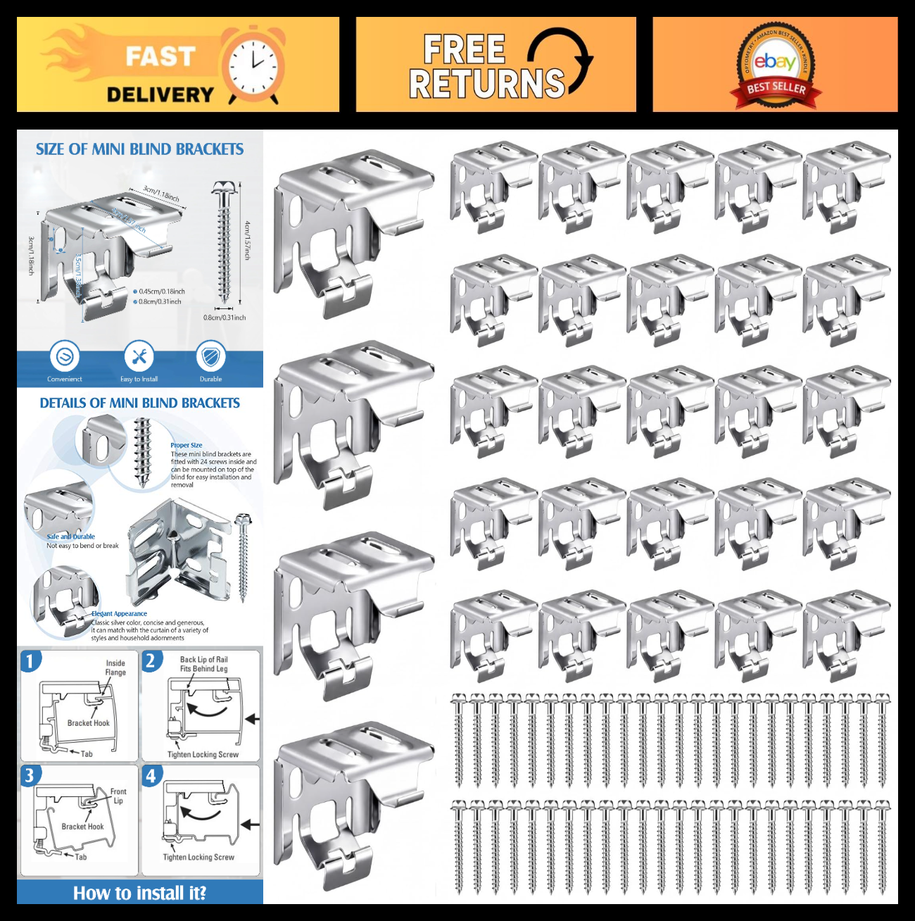 24 Mini Blind Brackets for Window Blinds - Metal Replacement Parts, Easy Install0