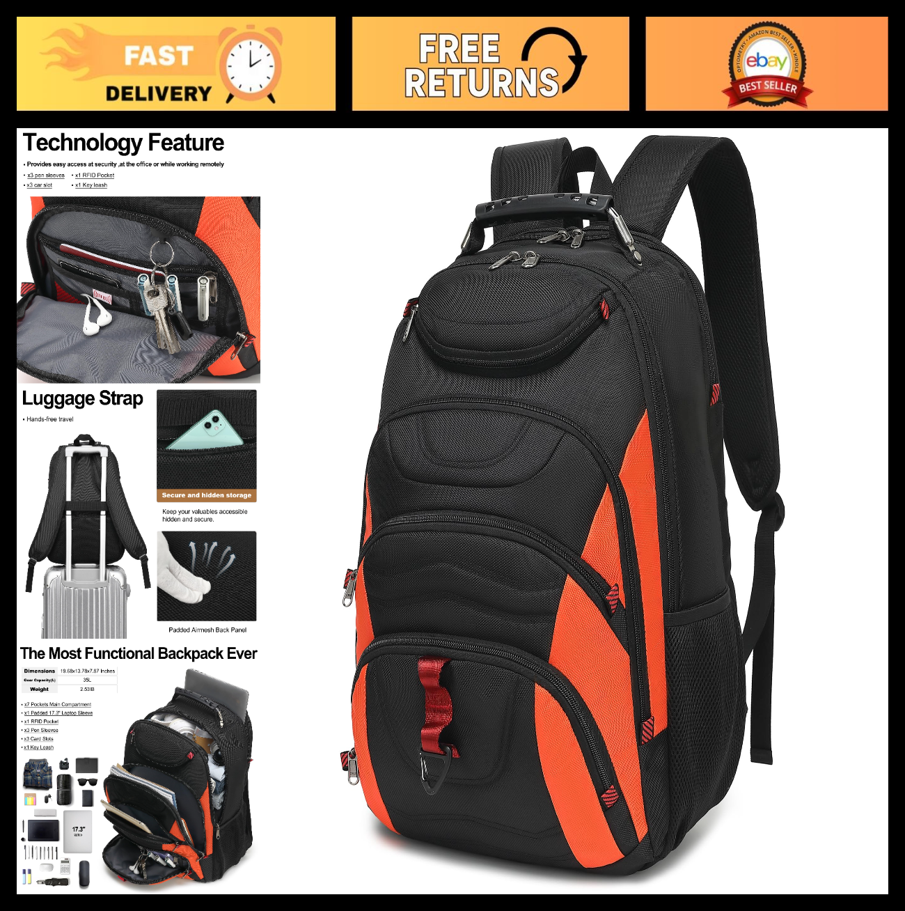 17.3" Waterproof Laptop Backpack with USB Port, Anti Theft Travel Bag, Black/Ora0