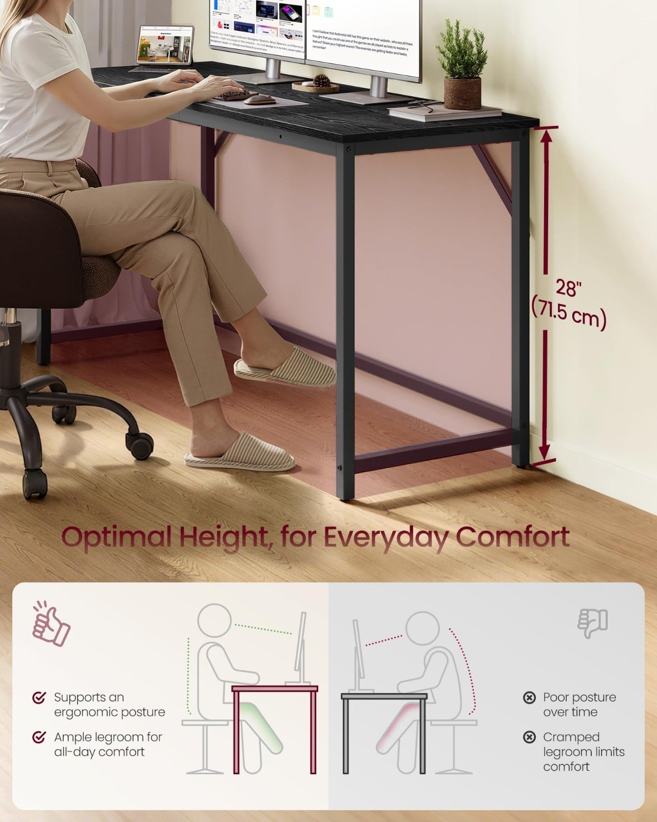 Modern Computer Desk for Home Office, 55.1” Study Workstation, Ebony Black Finis3
