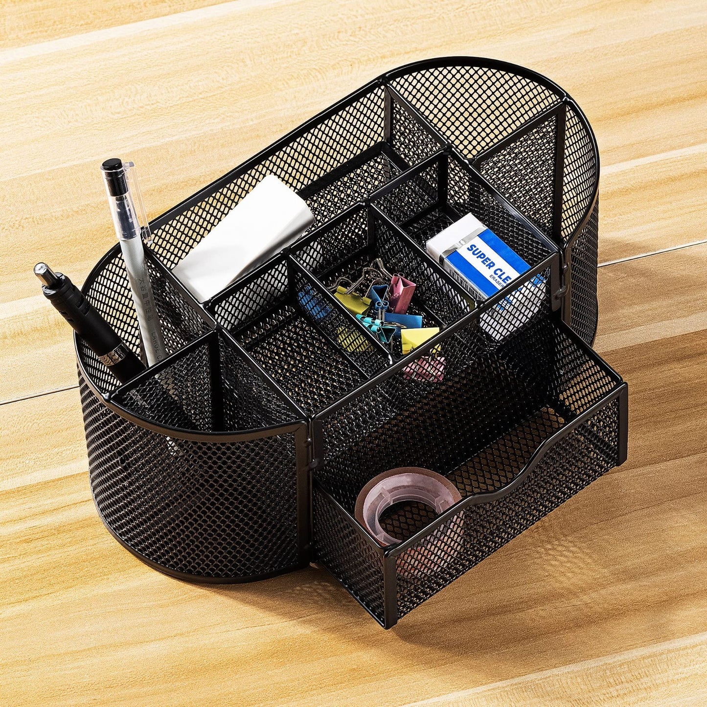 Mesh Desk Organizer with Pen Holder, Pullout Drawer, Office Caddy   Black 9.25"x2