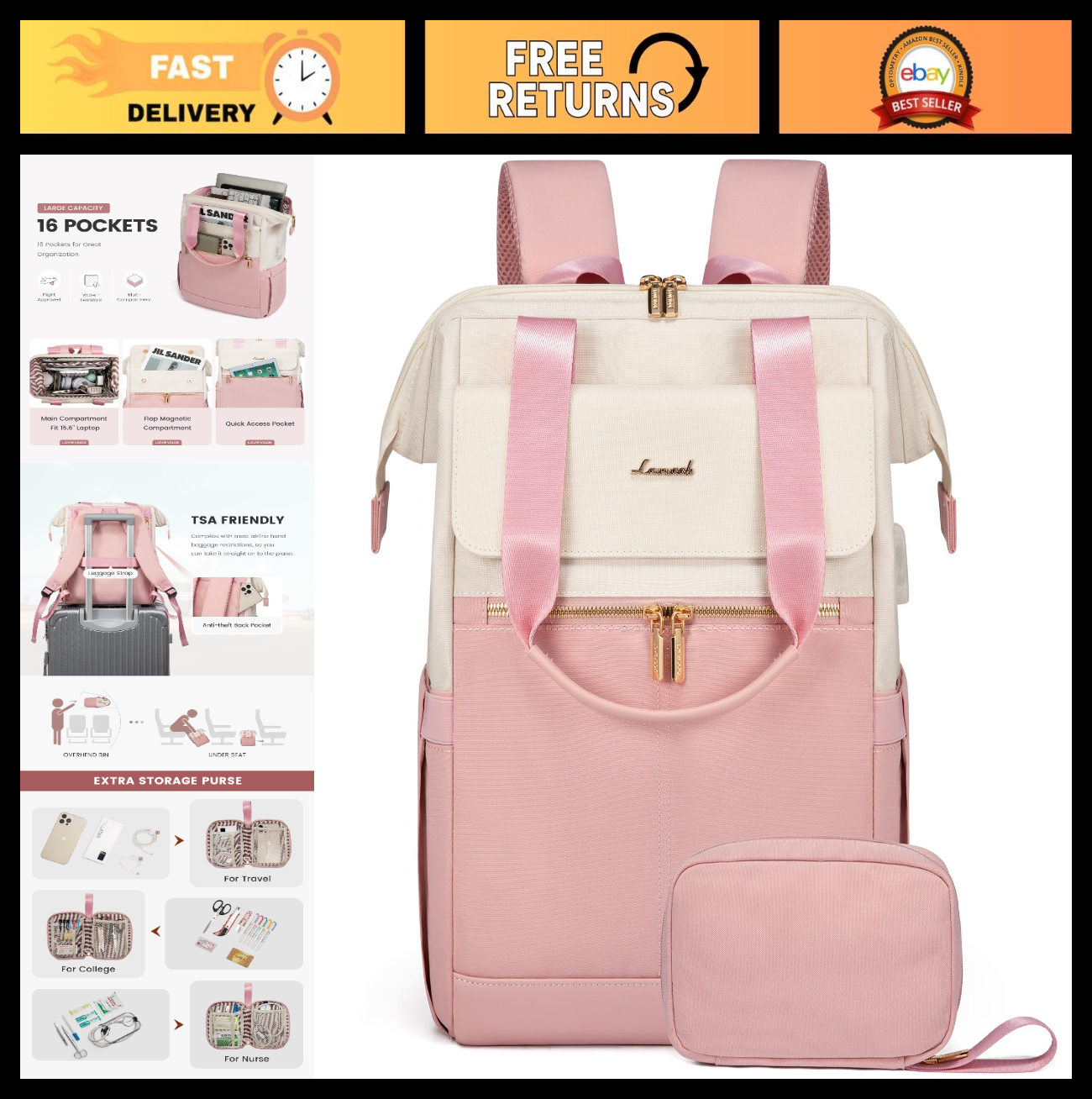 Stylish 15.6" Laptop Backpack for Women, USB Port, Waterproof Travel Bag, 2PCS0
