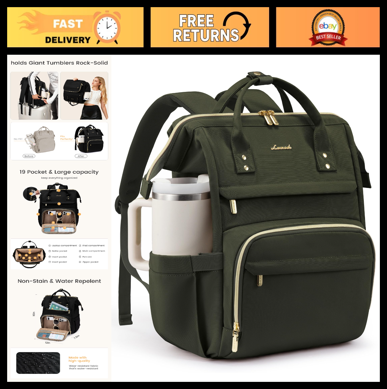 Stylish Waterproof Laptop Backpack for Women, 15.6" with Tumbler Holder, Olive G0