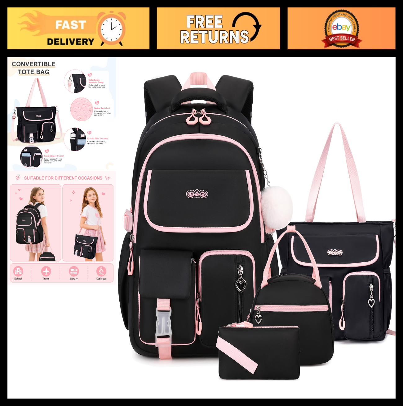 4PCS Girls Backpack Set with Tote Bag, Lunch Box & Pencil Pouch   School Supplie0