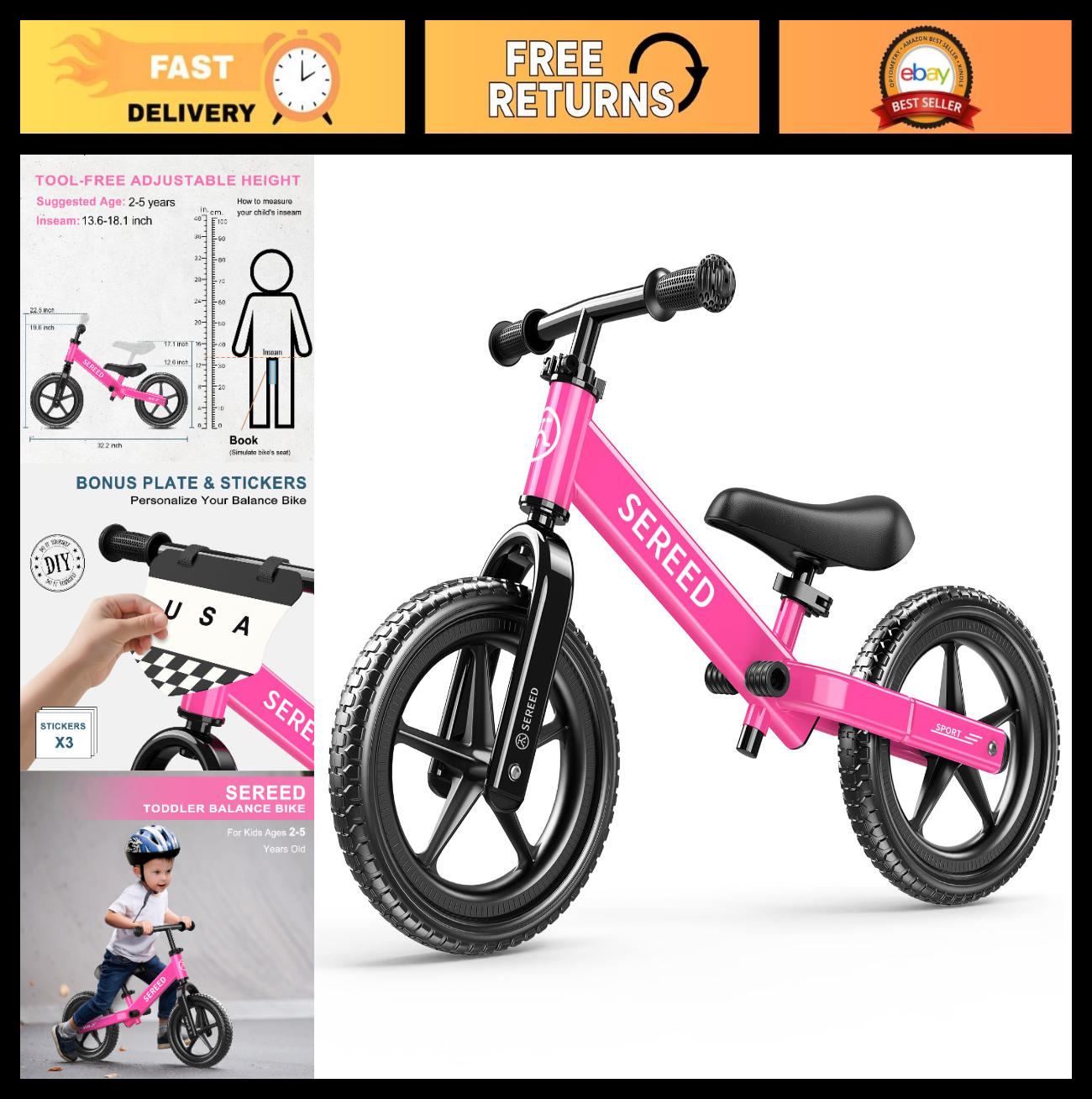 No Pedal Toddler Balance Bike for Ages 2 5, Adjustable, Custom Stickers, Gift Id0