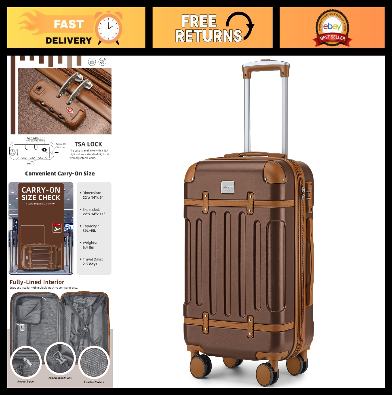 Expandable Carry-On Luggage 22x14x9, Lightweight ABS Hardshell, TSA Lock, 360° S0