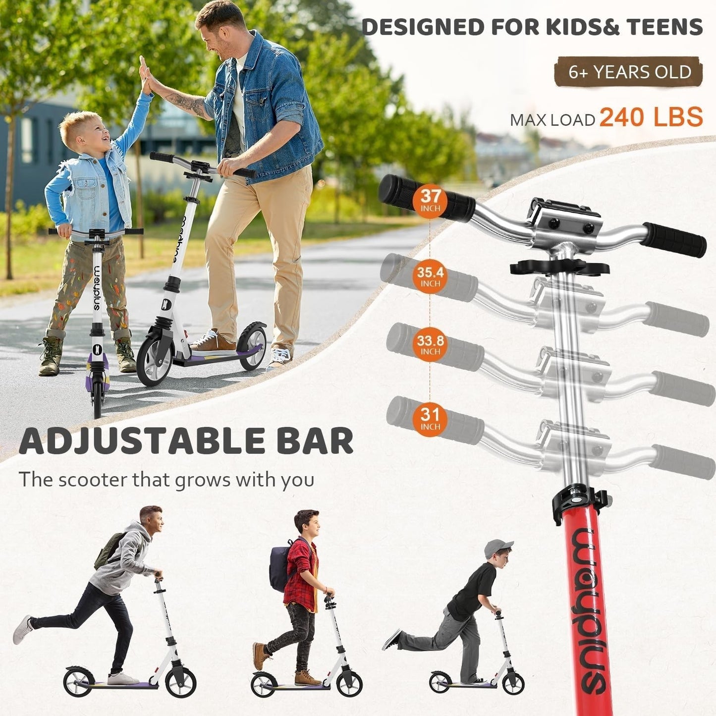 Kick Scooter for Kids, Teens & Adults - 8" Big Wheels, 240lb Capacity, Ages 6+2
