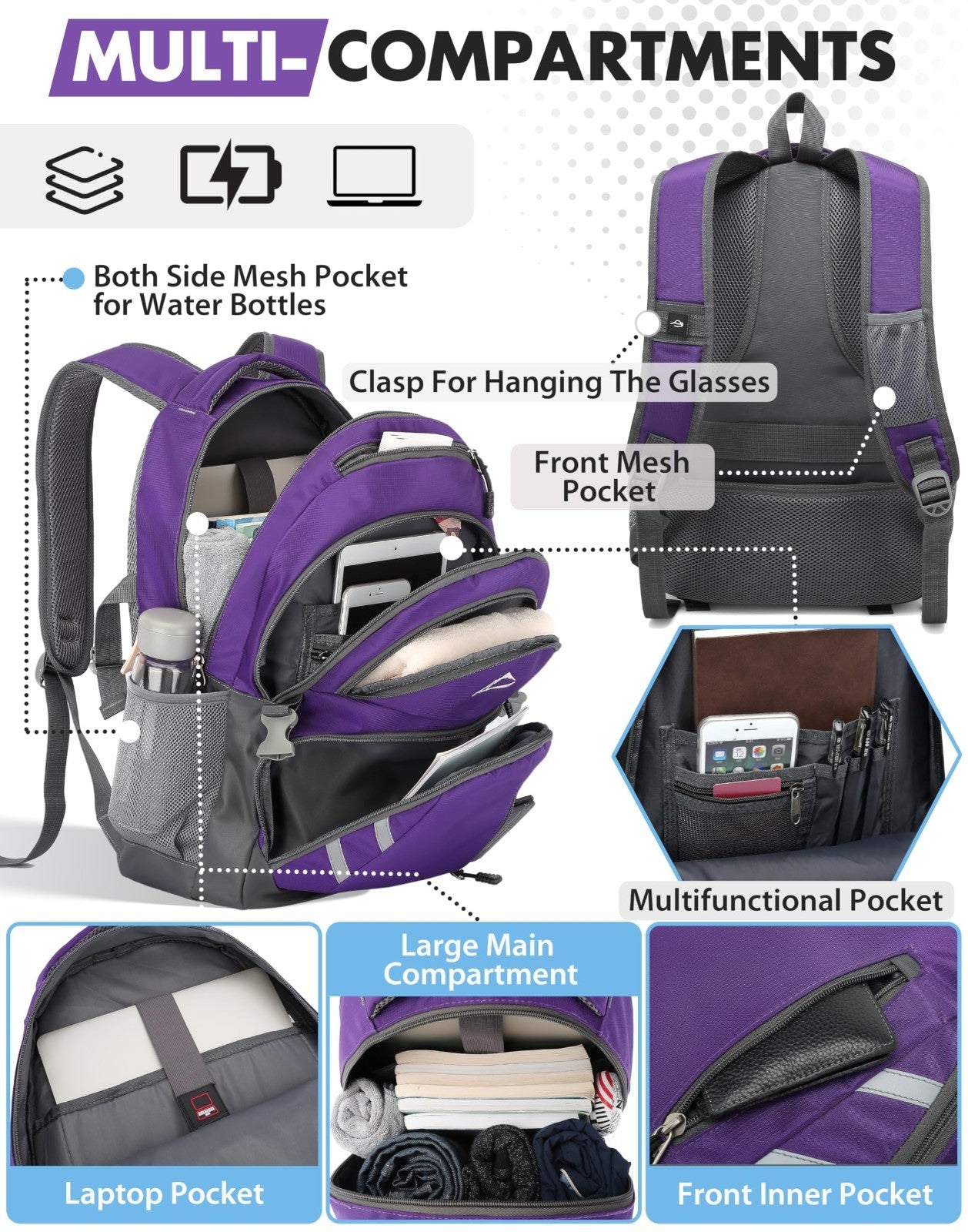 Extra Large College Laptop Backpack, 17" USB Charging, Multi Compartment, Anti T2