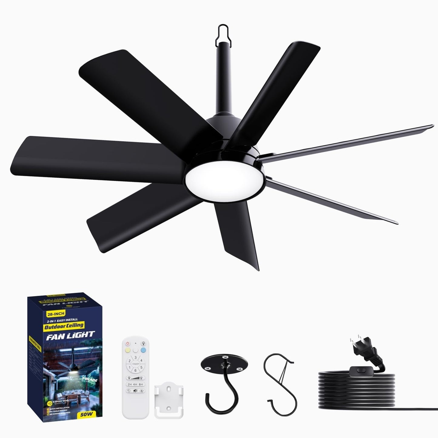 28" Outdoor Ceiling Fan with Light & Remote   Waterproof, 6 Speed, Dimmable, Por7