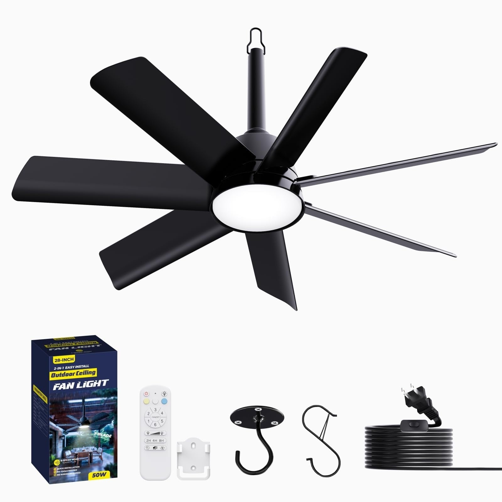 28" Outdoor Ceiling Fan with Light & Remote   Waterproof, 6 Speed, Dimmable, Por7