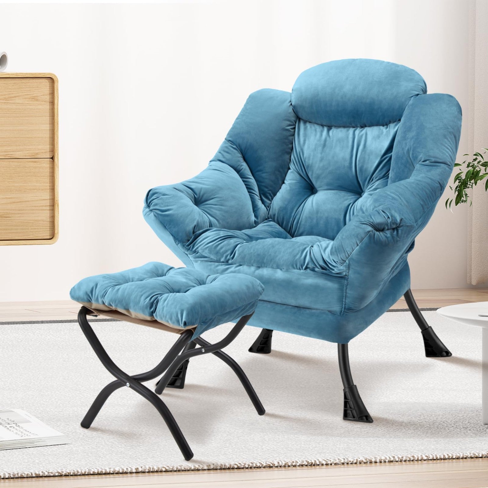 Modern Lazy Chair with Folding Ottoman, Upholstered Accent Sofa for Bedroom & Of2