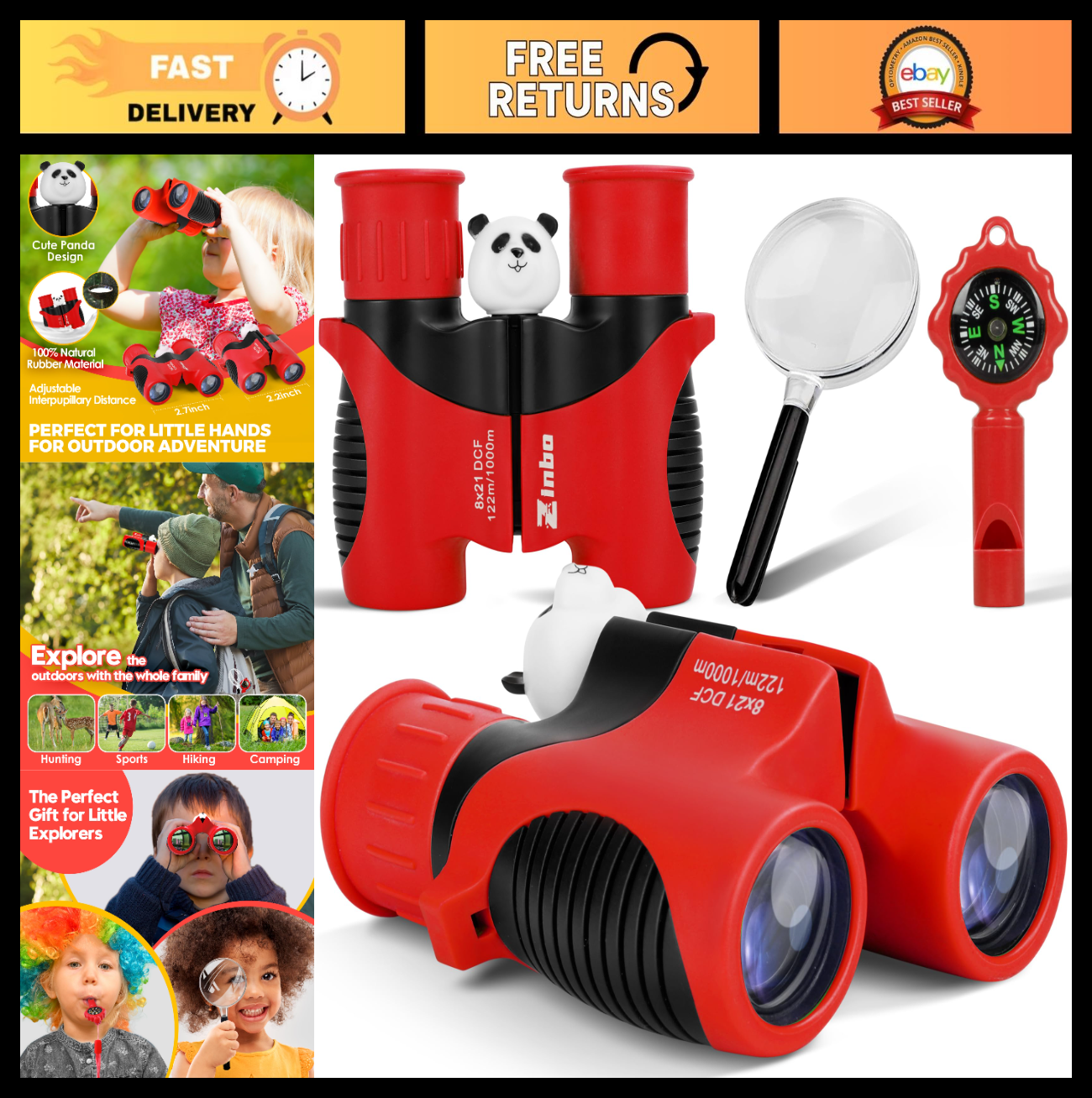 Kids Binoculars 8x21 High Resolution Optics with Magnifying Glass & Compass   Ou0