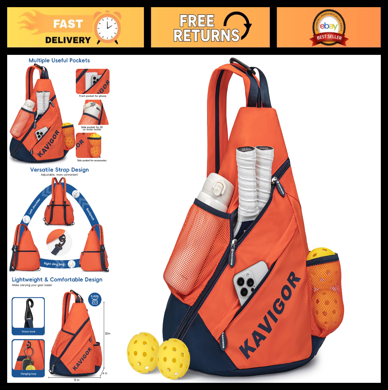 Ultra-Light Pickleball Sling Backpack, Soft Fabric, Wet/Dry Pocket, Holds 4 Padd0