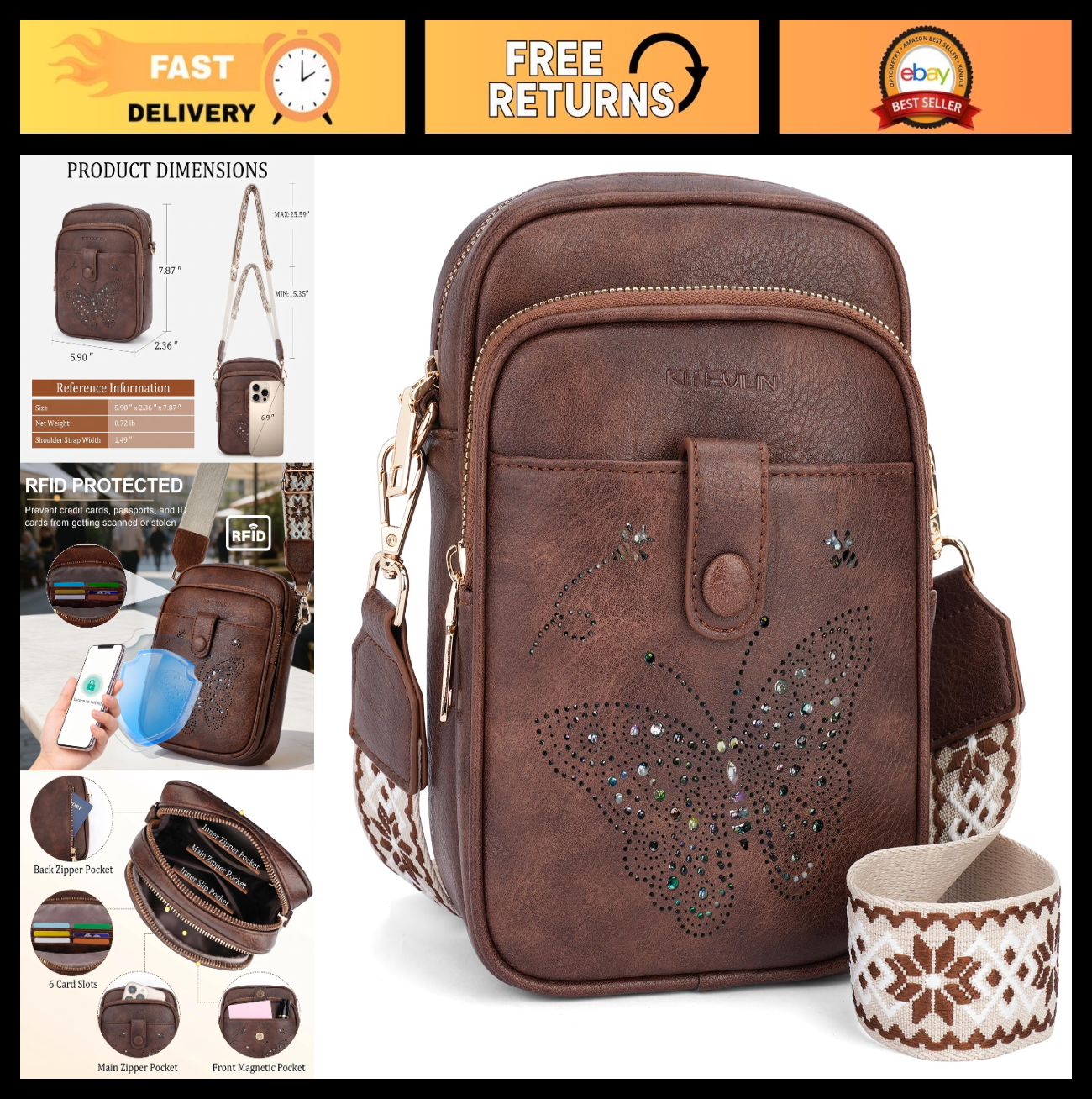 Leather Crossbody Bag for Women - Small Shoulder Purse with Adjustable Strap & R0
