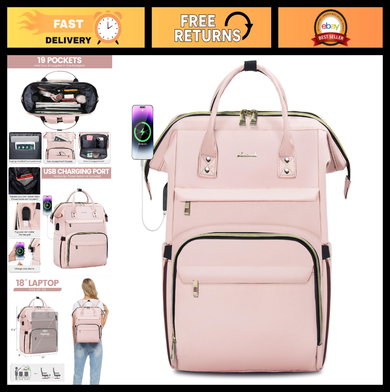 Stylish 18" Laptop Backpack for Women   Waterproof Travel Bag with USB Port, Pin0