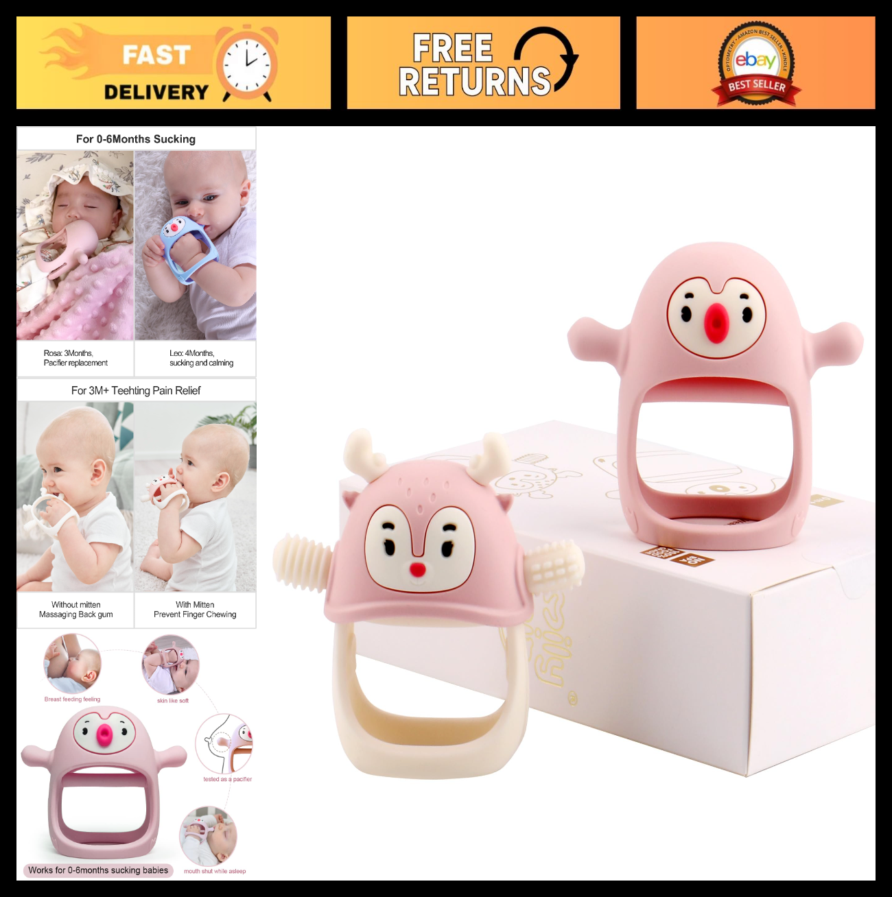 Soft Silicone Baby Teething Toy Set | Penguin & Reindeer Chew Toys | Teething Mi0