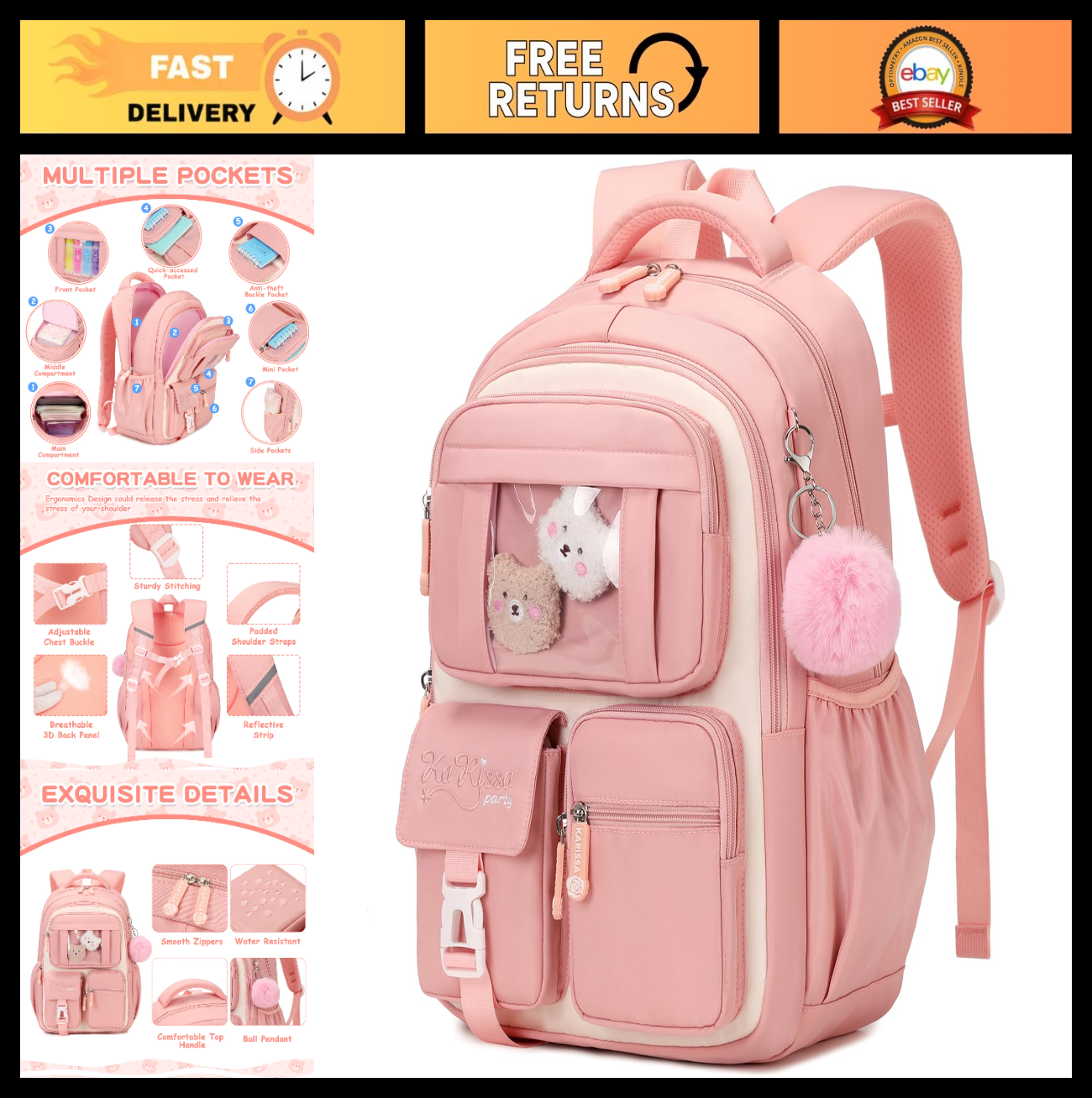 Kawaii Girls Backpack - Cute Pink & Beige School Bag for Middle & Elementary Stu0