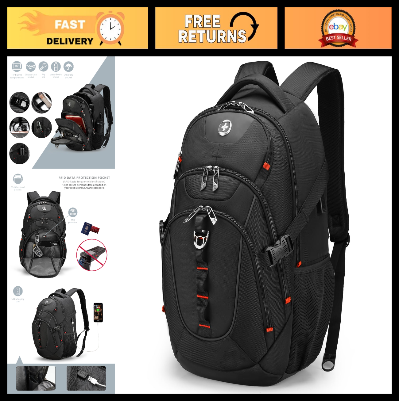 Travel Laptop Backpack with USB Charging Port, Fits 15.6" Computer, 31L Bookbag0