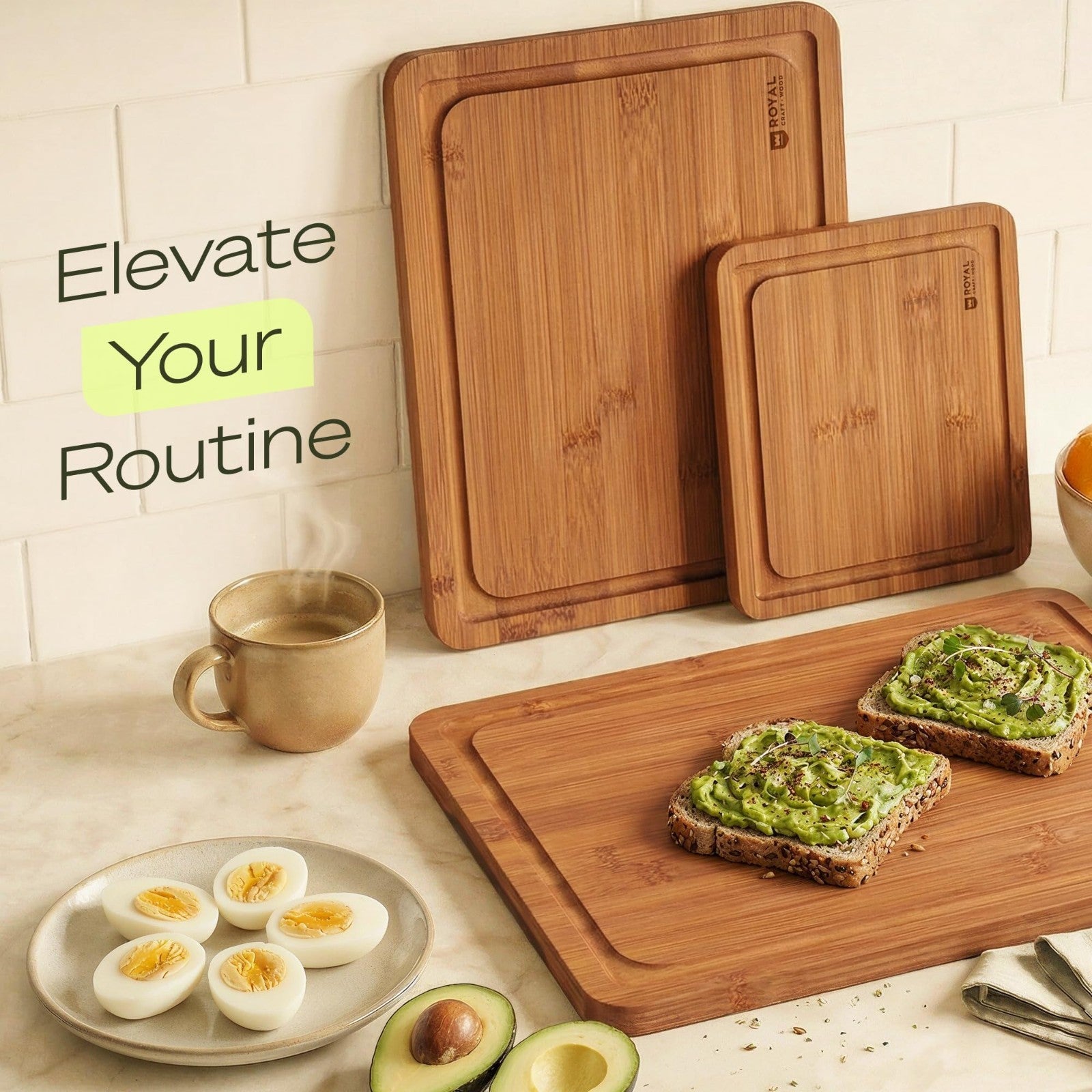 Wooden Cutting Boards Set   Bamboo Kitchen Prep & Serving Board with Juice Groov7