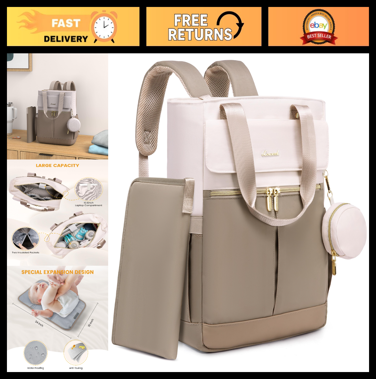 Diaper Bag Backpack Tote with Insulated Pockets & Changing Pad   Stylish & Funct0
