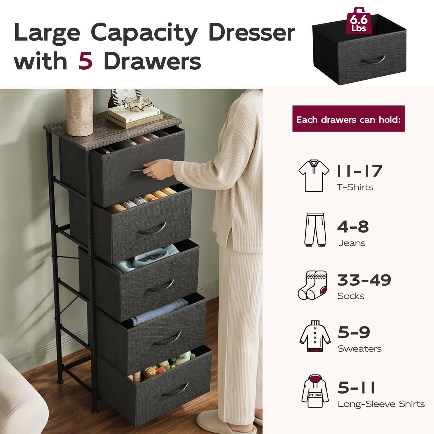Tall Dresser for Bedroom - 5 Drawer Vertical Fabric Chest, Charcoal Black, Space5