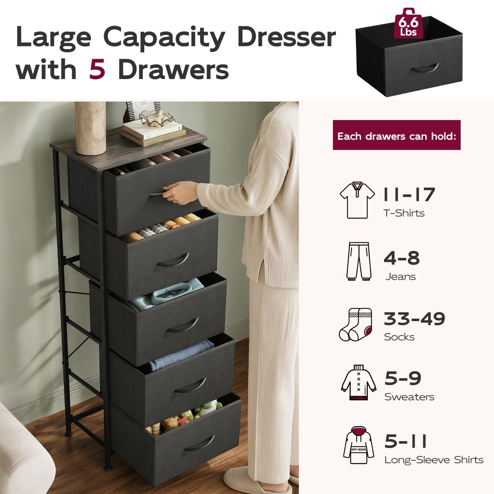 Tall Dresser for Bedroom - 5 Drawer Vertical Fabric Chest, Charcoal Black, Space5