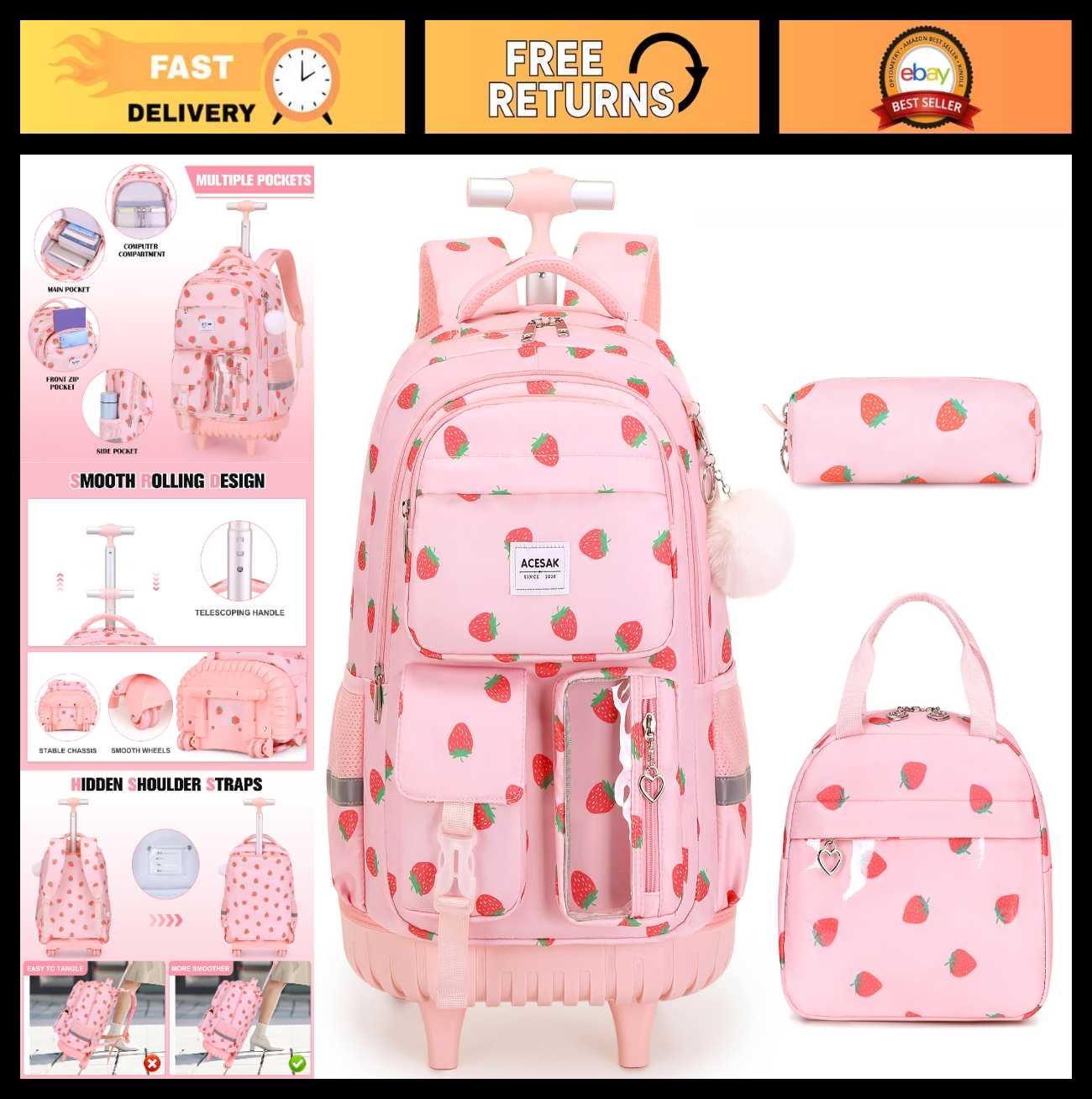 Rolling Backpack for Girls with Lunch Bag & Pencil Pouch   Wheeled Bookbag for S0