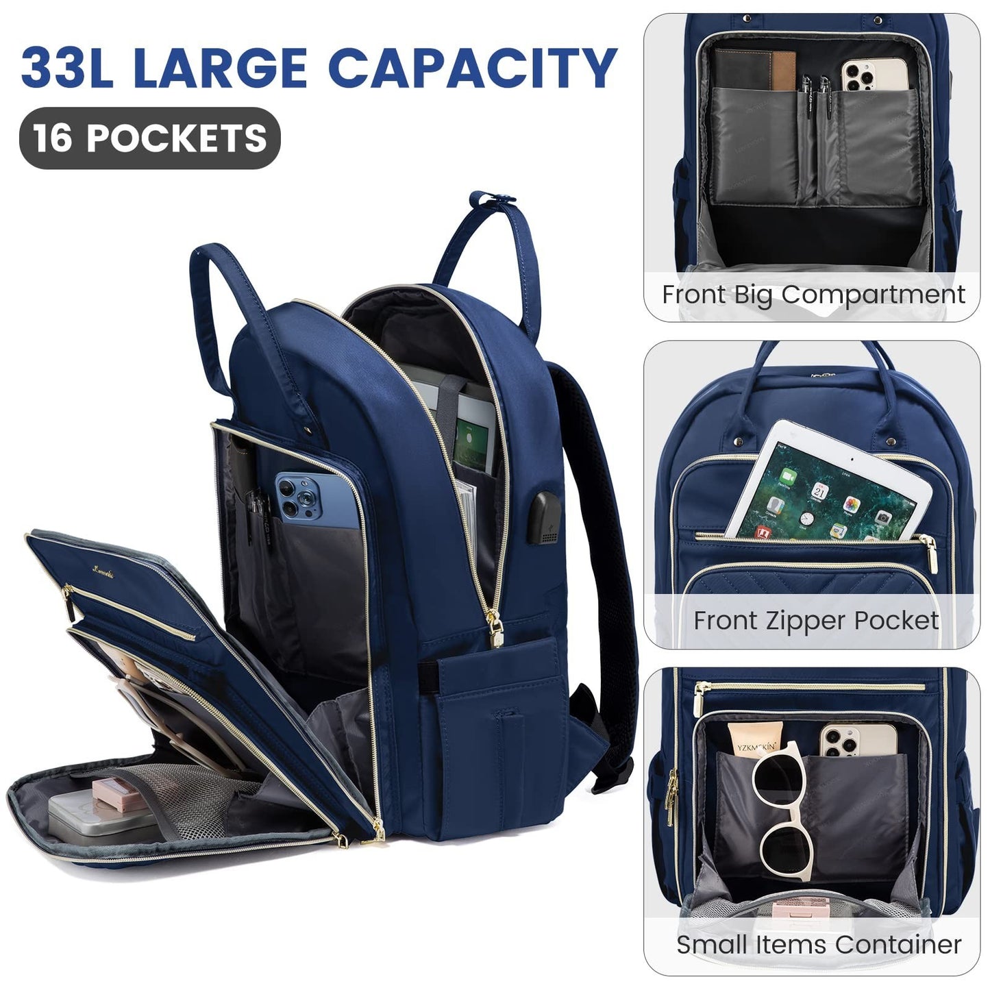 Stylish 17.3" Waterproof Laptop Backpack for Women & Men, Travel Work Purse, Nav4