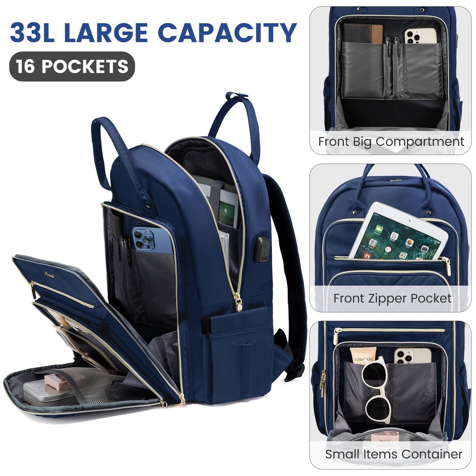 Stylish 17.3" Waterproof Laptop Backpack for Women & Men, Travel Work Purse, Nav4