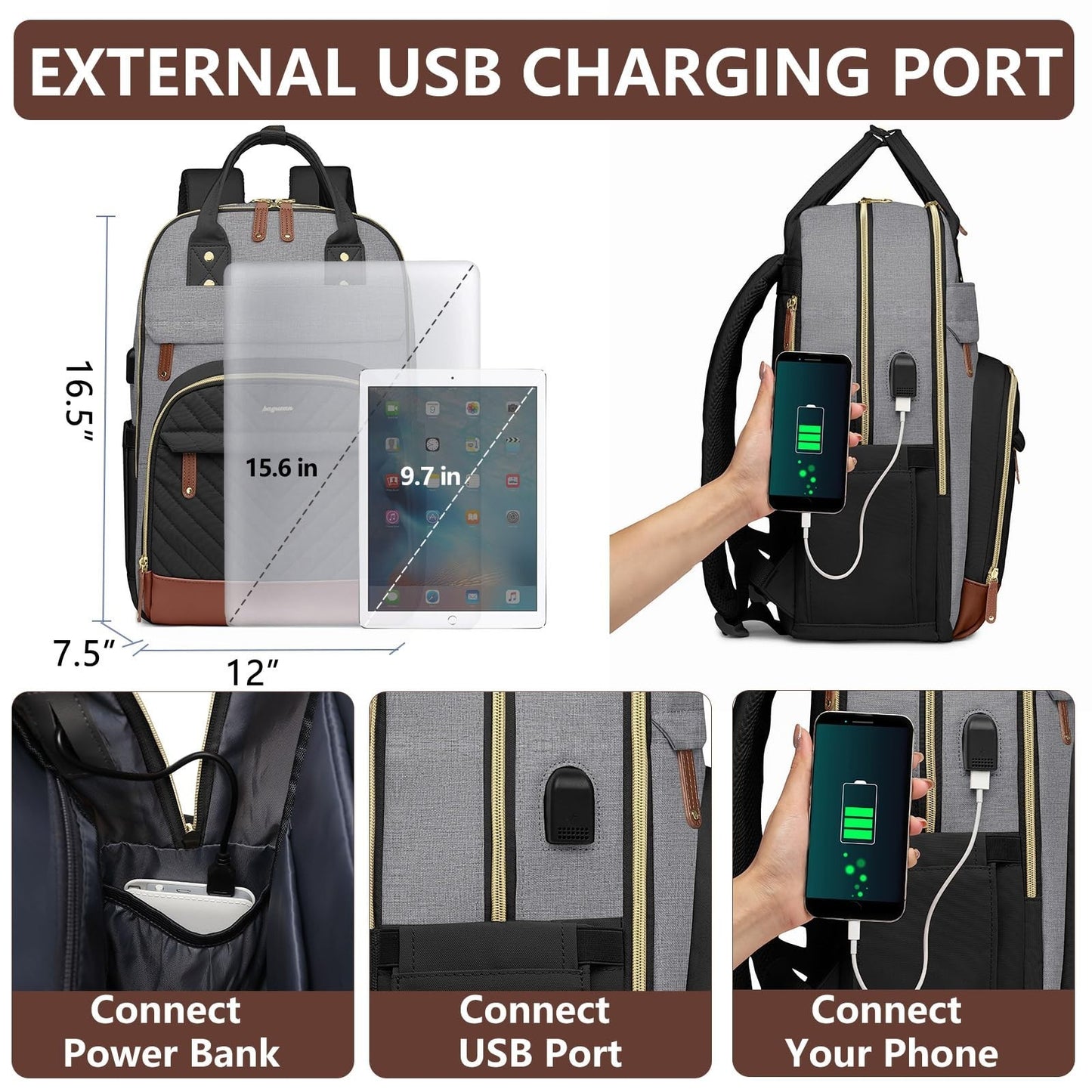 Stylish 15.6" Laptop Backpack for Women & Teens, USB Charger, Waterproof, Casual3