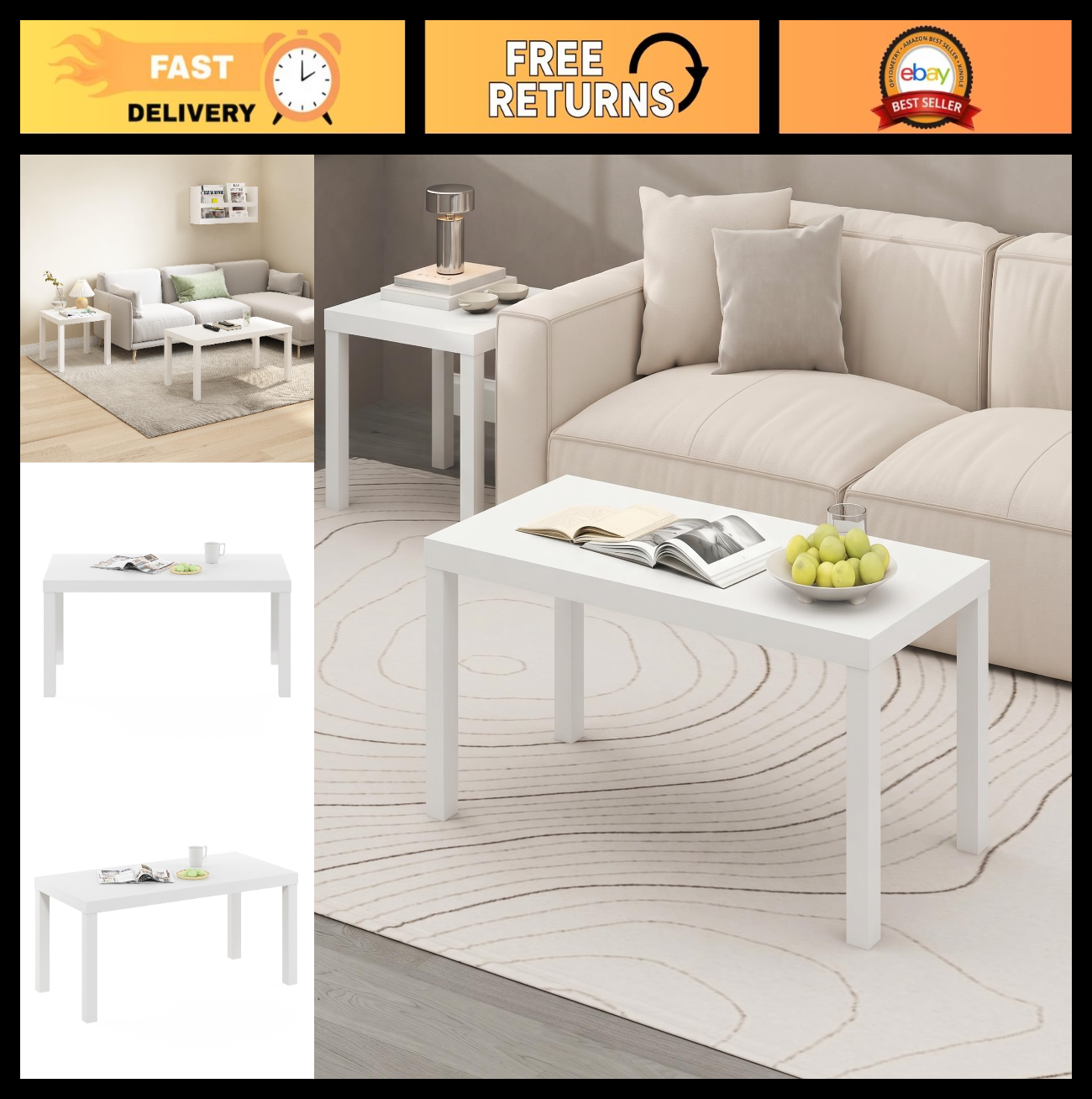 Modern Rectangle Coffee Table - 1.8" Thick Top, Stylish Side Table for Living Ro0